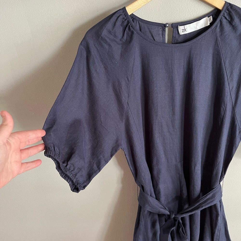 Zk Australia Linen Mini Dress Blue Gray Tie Waist Minimalist 6-8 — image 3 of 8